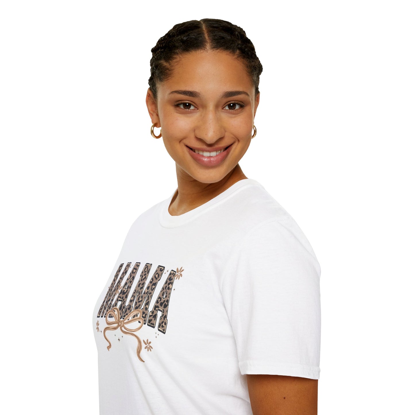 Mama Leopard Print T-Shirt — Cute Mama Graphic Tee with Bow Accent
