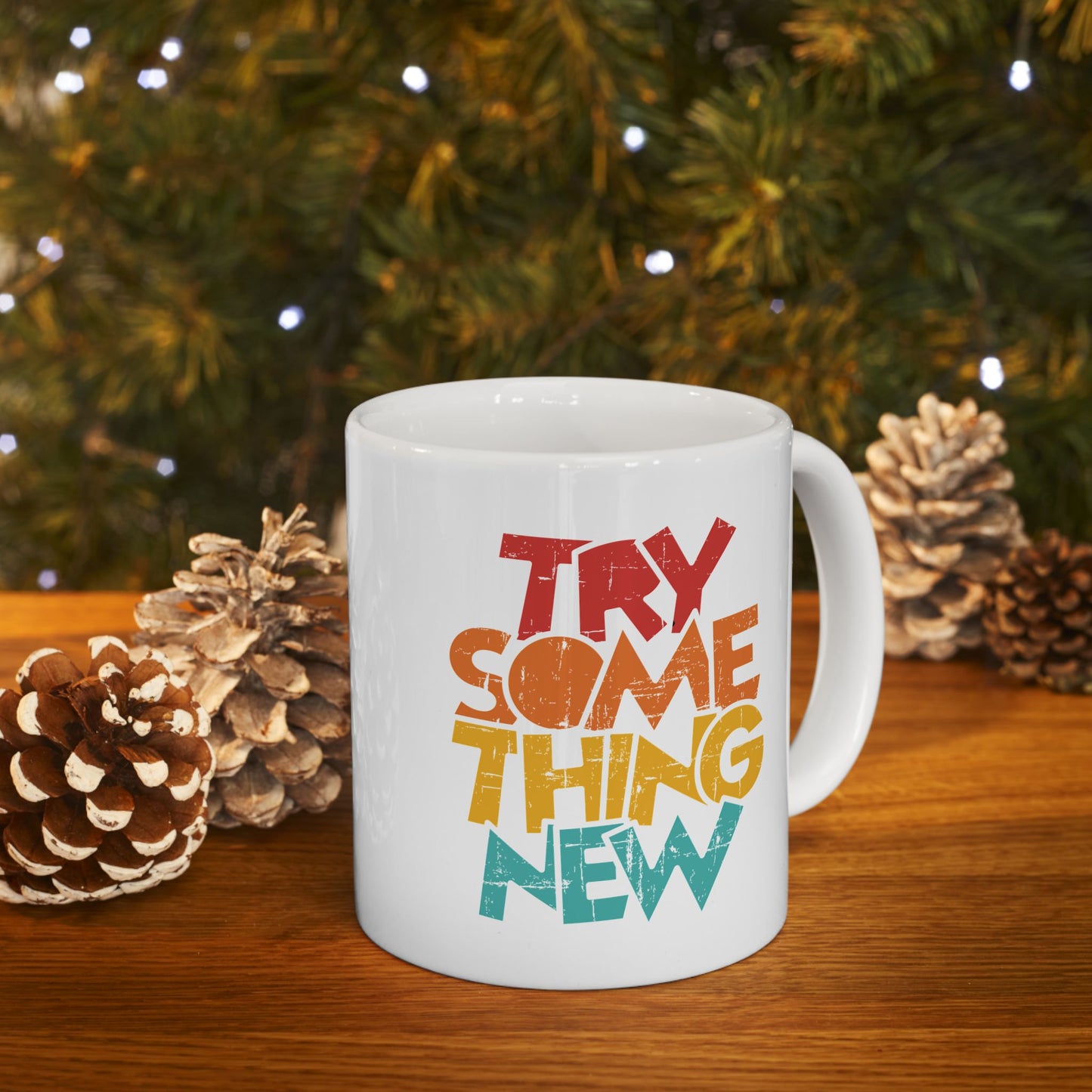 Retro Rainbow Text Mug | Colorful Stacked Phrase Ceramic Mug