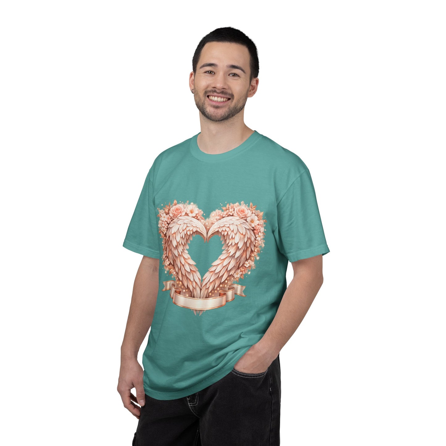 Angel Wing Heart T-Shirt — Floral Ribbon Love Graphic Tee