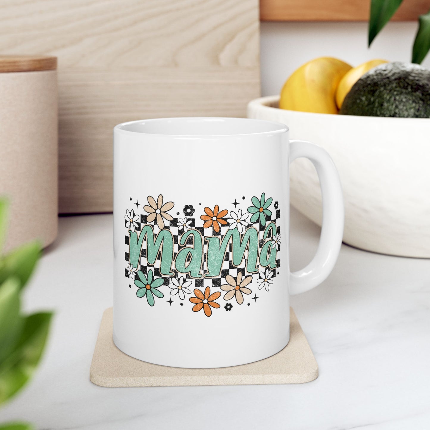 Mama floral checkerboard Mug | Mom coffee cup, teal daisy design