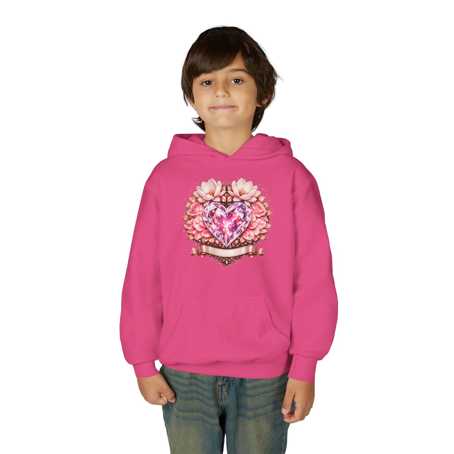 Youth Heart Gem Hoodie — Pink Floral Heart Graphic Sweatshirt
