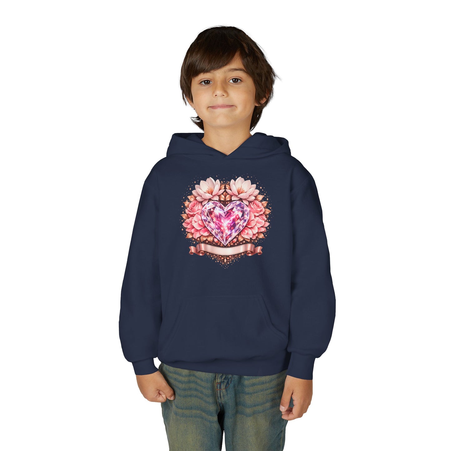 Youth Heart Gem Hoodie — Pink Floral Heart Graphic Sweatshirt