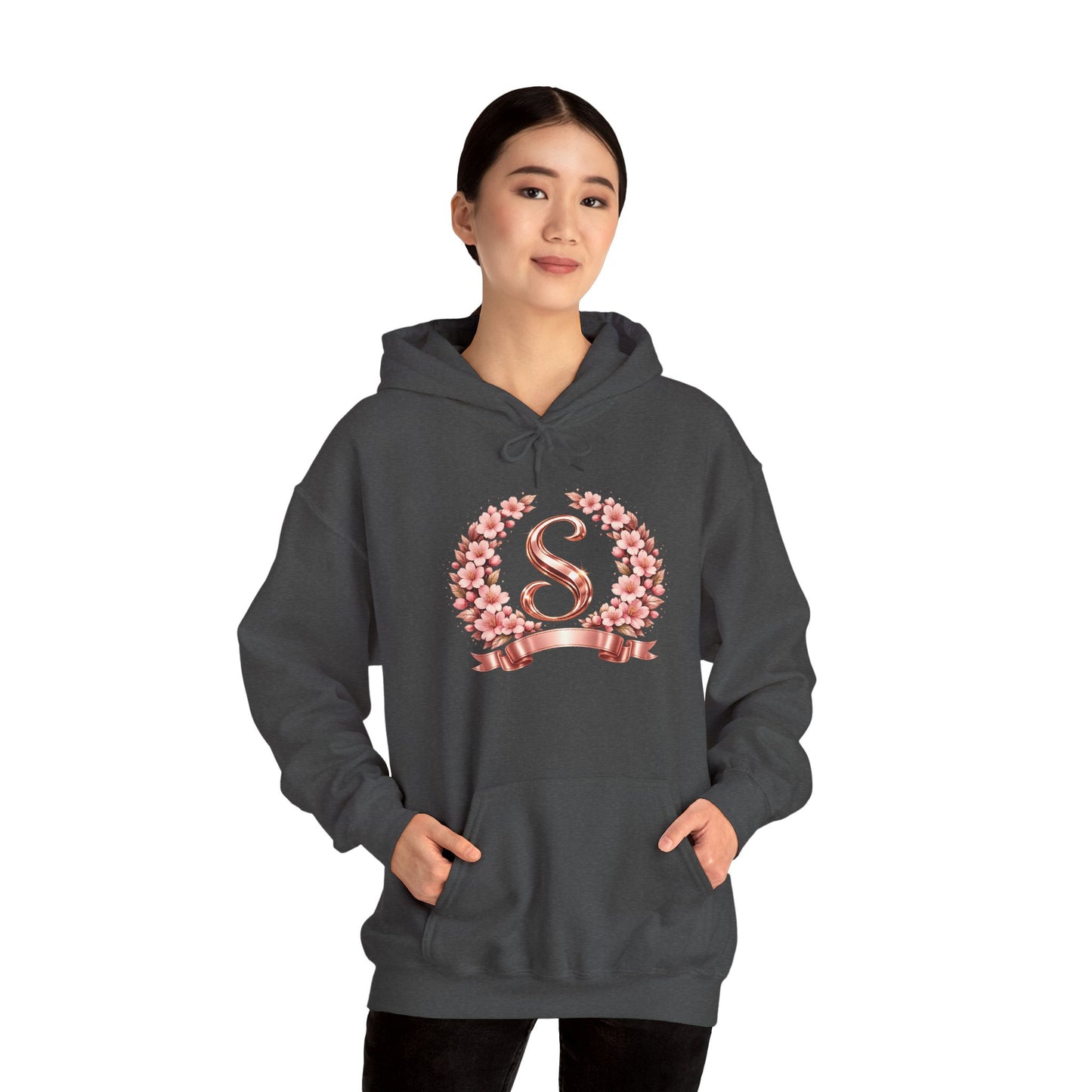 Rose Gold Initial 'S' Wreath Hoodie - Monogram Floral Sweatshirt