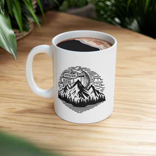 Mountain Landscape Mug | Retro Sunrise Forest Silhouette