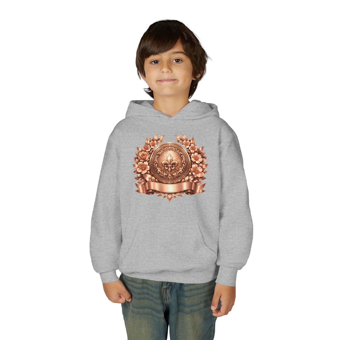 Youth Hoodie — Vintage Bronze Crest Floral Emblem