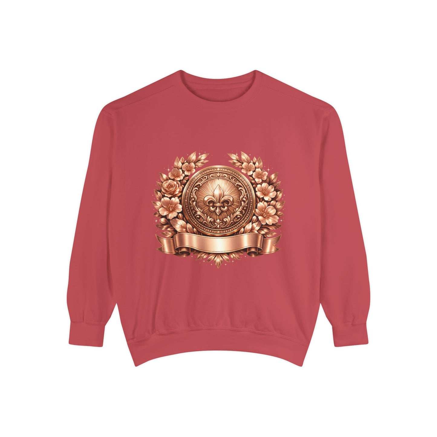 Vintage Bronze Crest Sweatshirt — Fleur-de-Lis Laurel Medallion