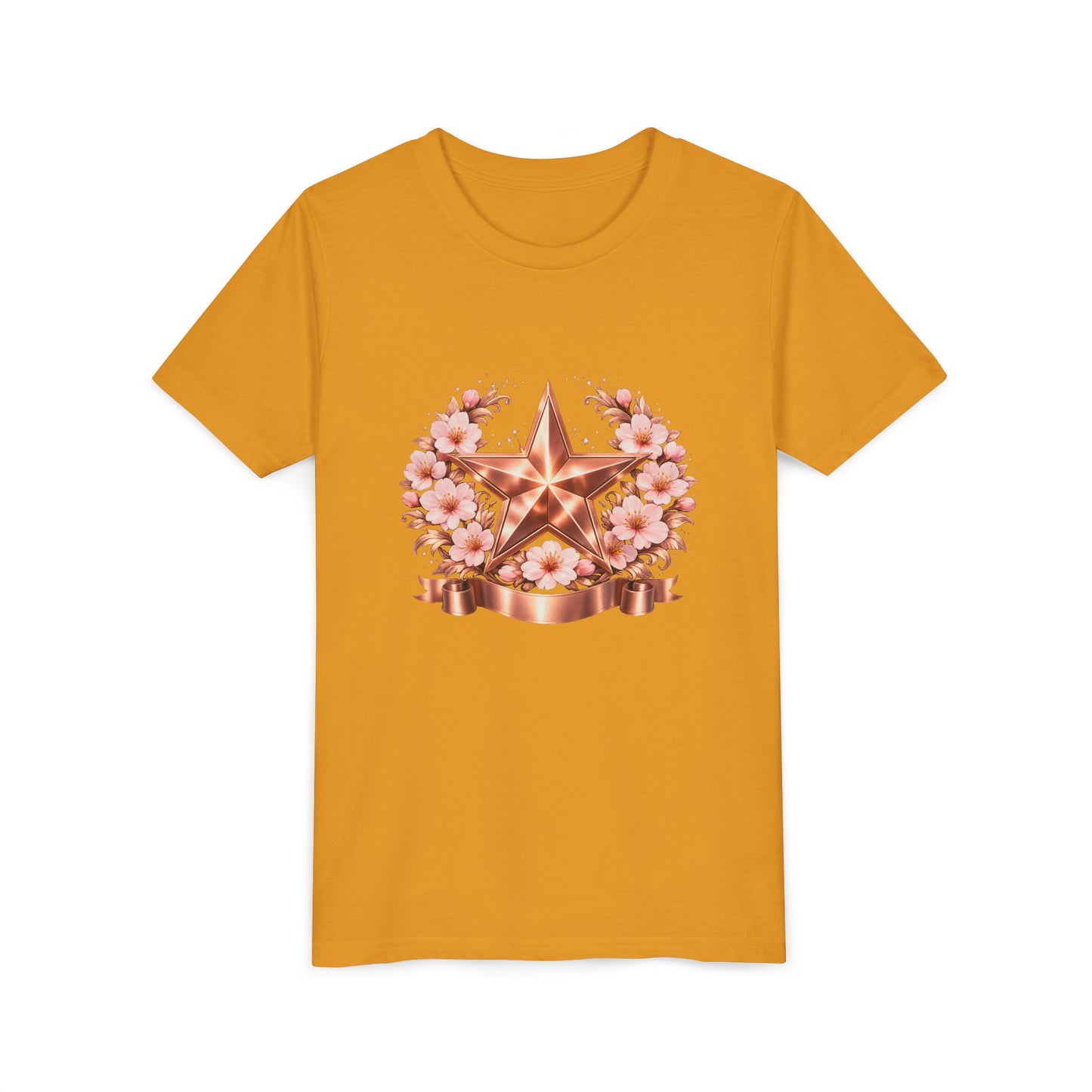 Youth Tee — Rose Gold Star with Cherry Blossom Wreath