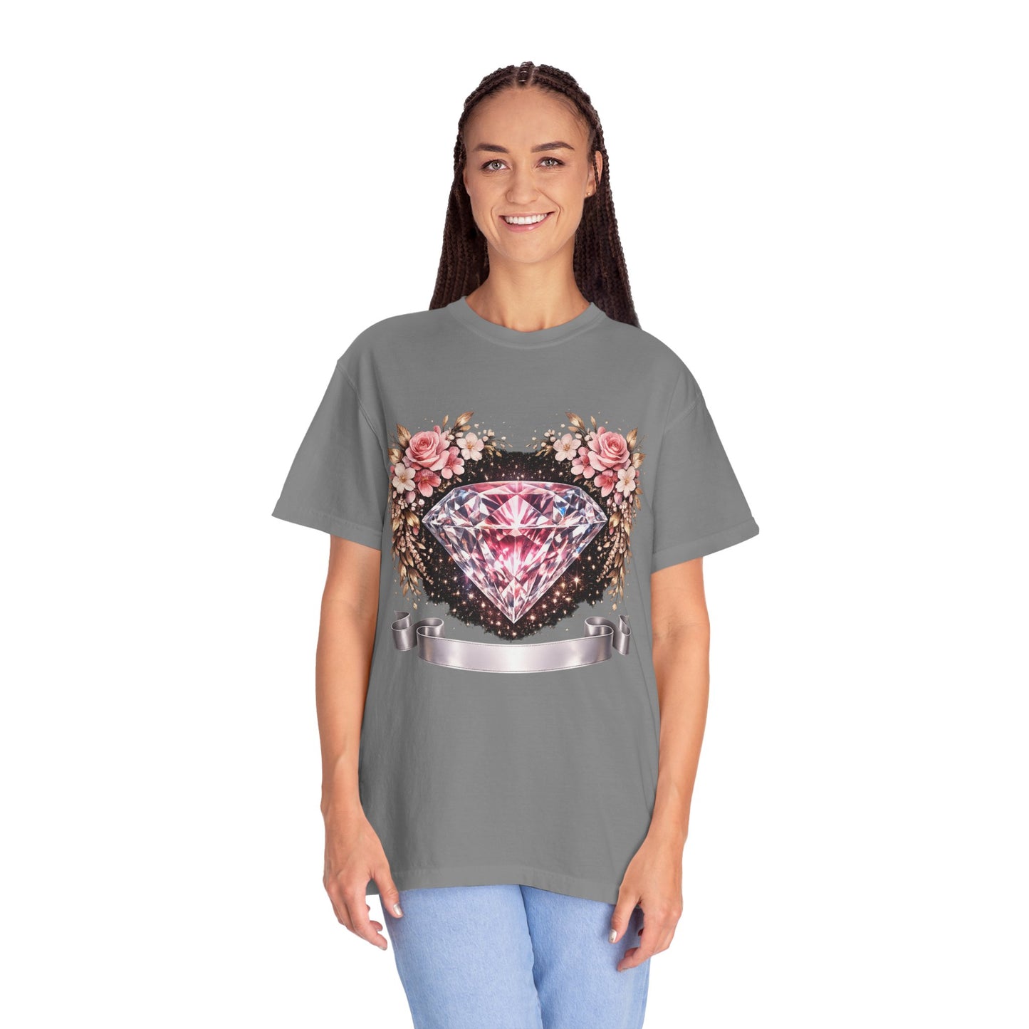 Pink Diamond Floral T-Shirt — Sparkling Gem Graphic Tee