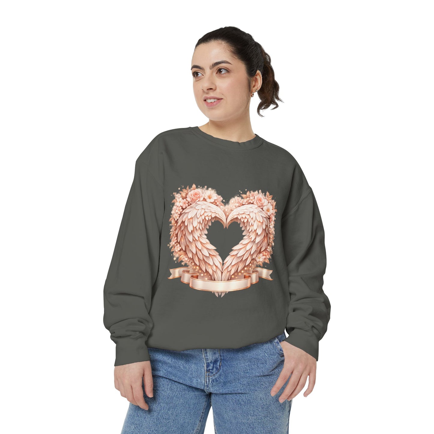 Heart Wings Sweatshirt — Rose Gold Floral Winged Heart Crewneck
