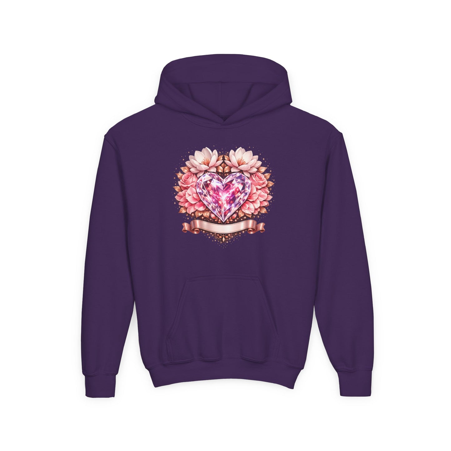 Youth Heart Gem Hoodie — Pink Floral Heart Graphic Sweatshirt