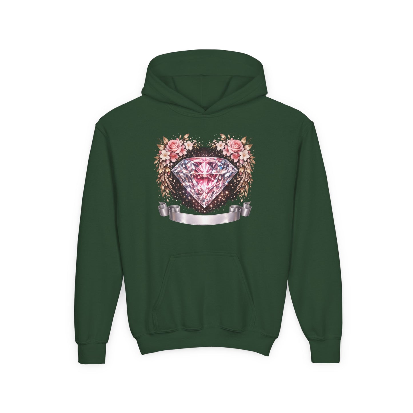 Youth Diamond Floral Hoodie — Pink Gem Crest Sweatshirt for Girls