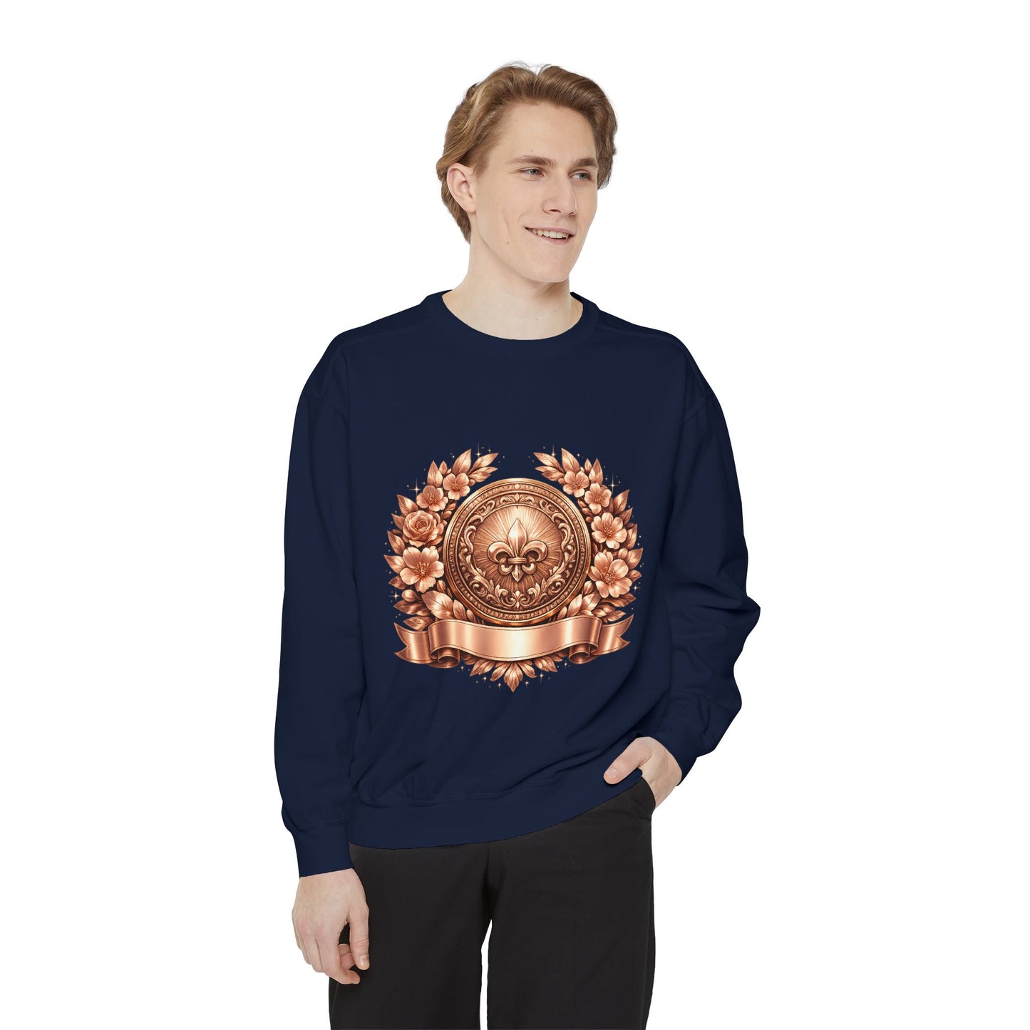Vintage Bronze Crest Sweatshirt — Fleur-de-Lis Laurel Medallion