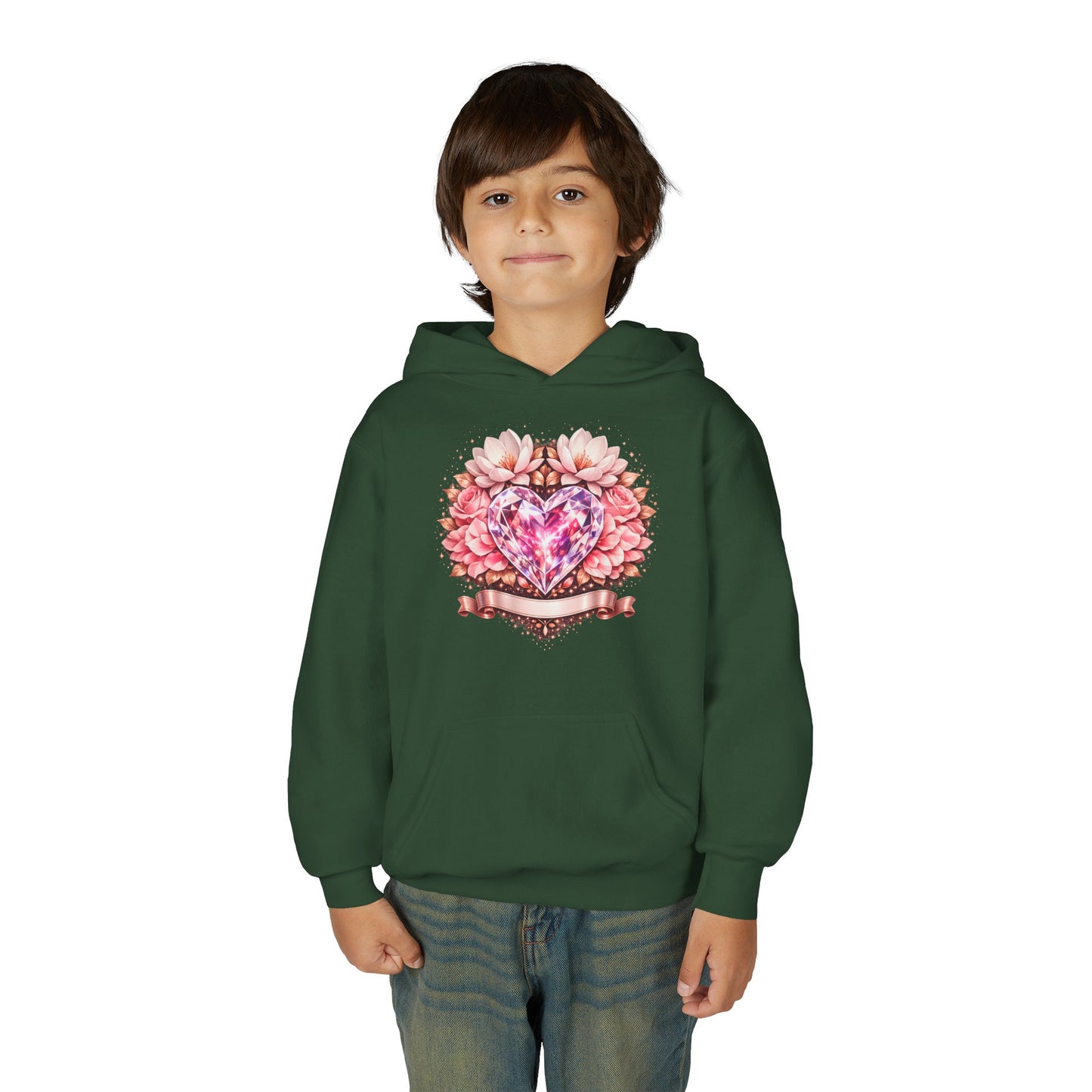 Youth Heart Gem Hoodie — Pink Floral Heart Graphic Sweatshirt