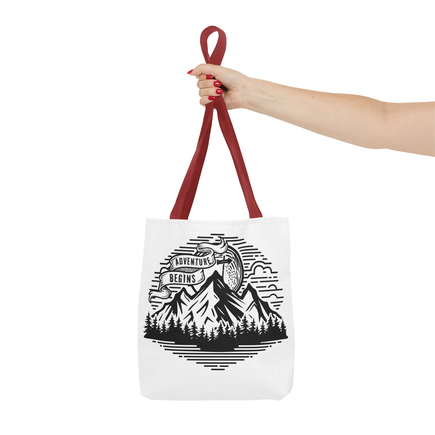 Adventure Begins mountain scene Tote Bag | nature, camping, vintage badge