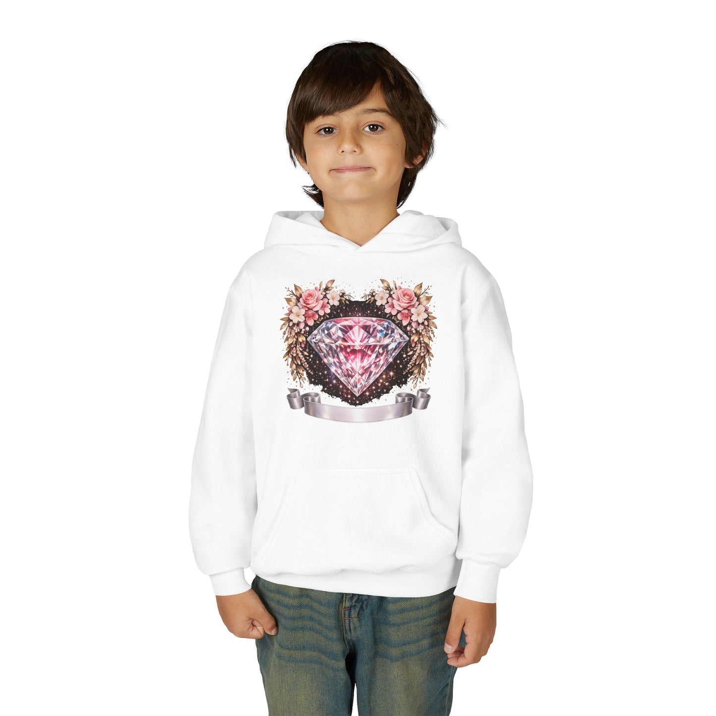 Youth Diamond Floral Hoodie — Pink Gem Crest Sweatshirt for Girls