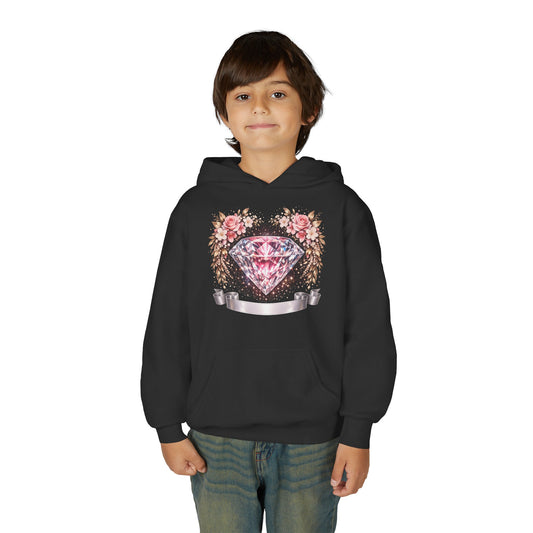 Youth Diamond Floral Hoodie — Pink Gem Crest Sweatshirt for Girls