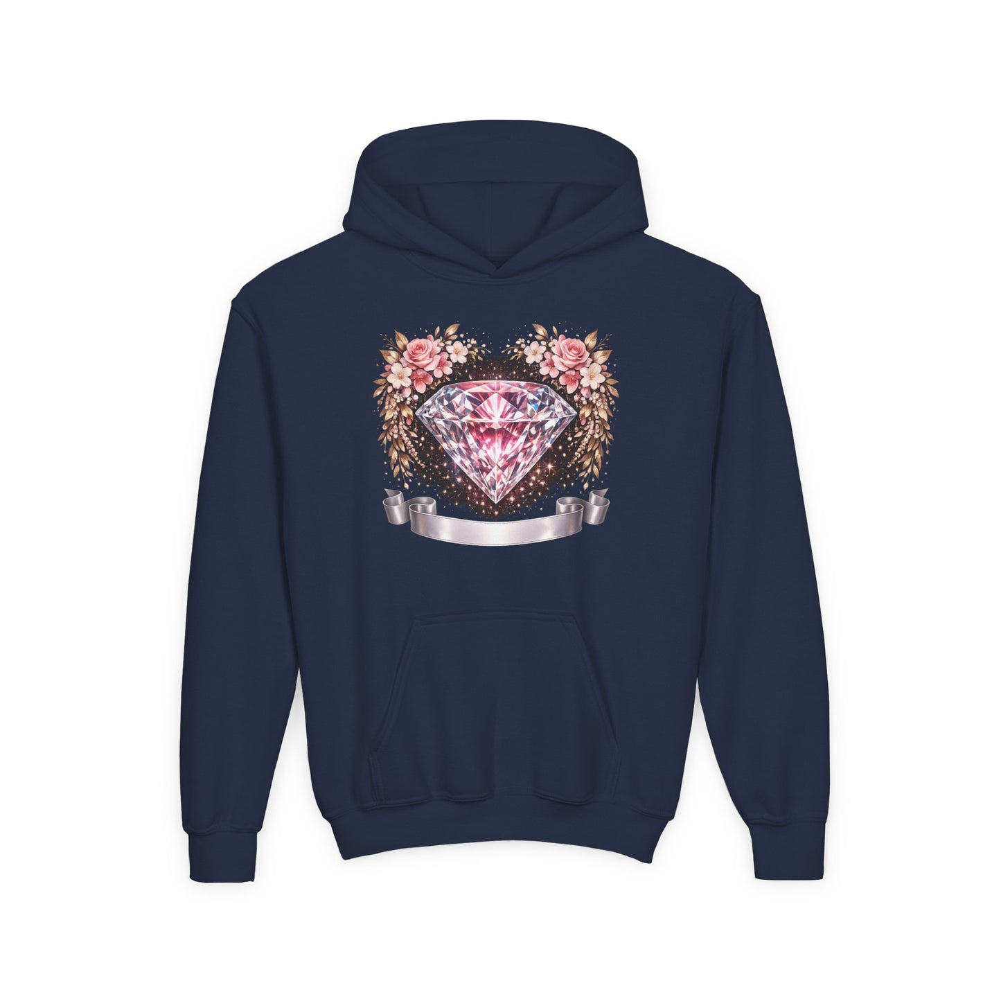Youth Diamond Floral Hoodie — Pink Gem Crest Sweatshirt for Girls
