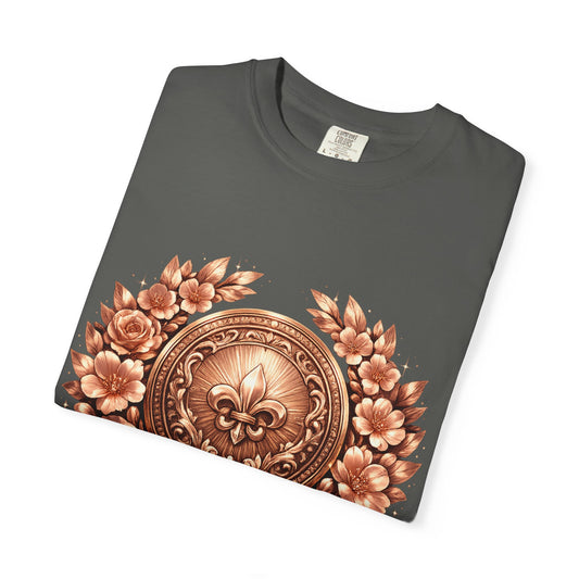 Vintage Fleur-de-Lis Crest T-Shirt — Bronze Laurel Emblem Tee