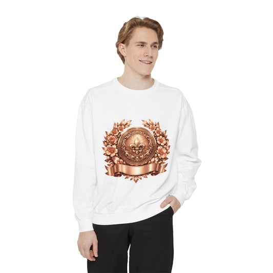 Vintage Bronze Crest Sweatshirt — Fleur-de-Lis Laurel Medallion