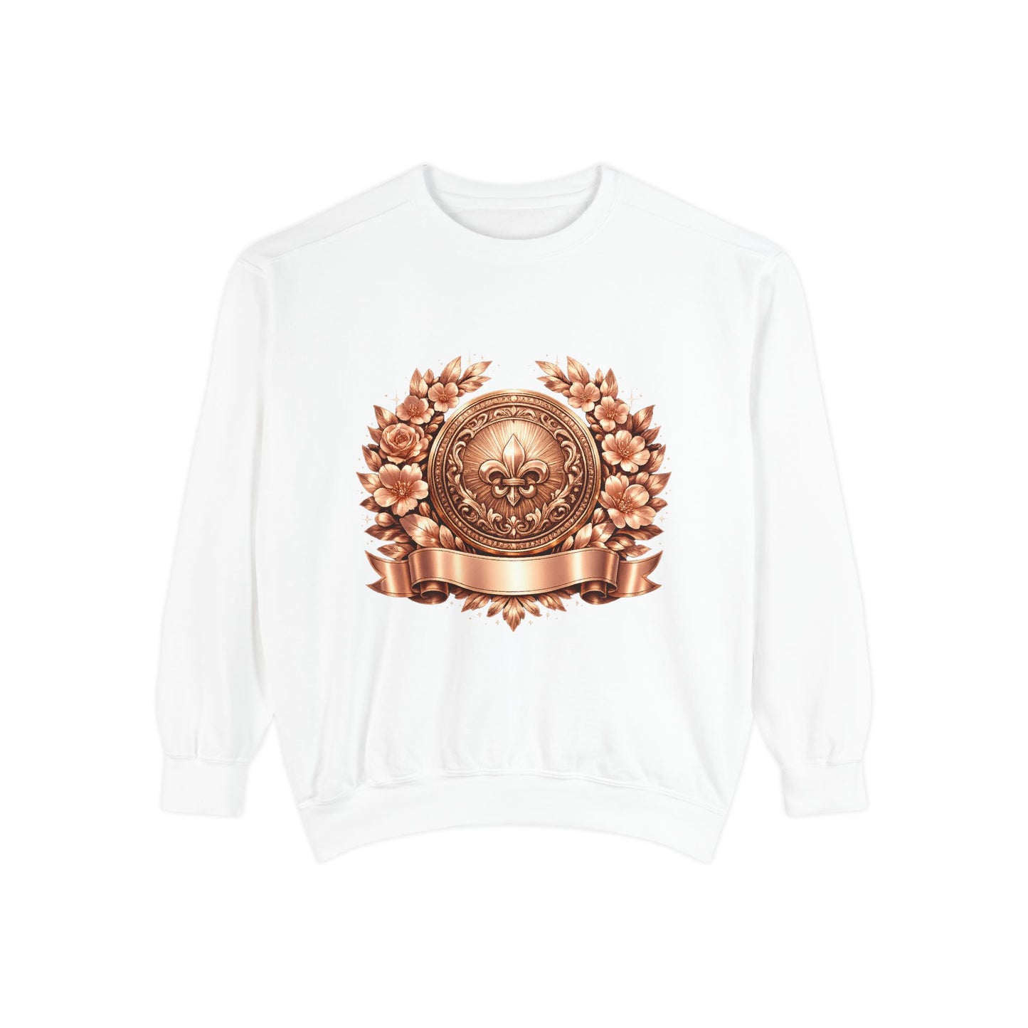 Vintage Bronze Crest Sweatshirt — Fleur-de-Lis Laurel Medallion