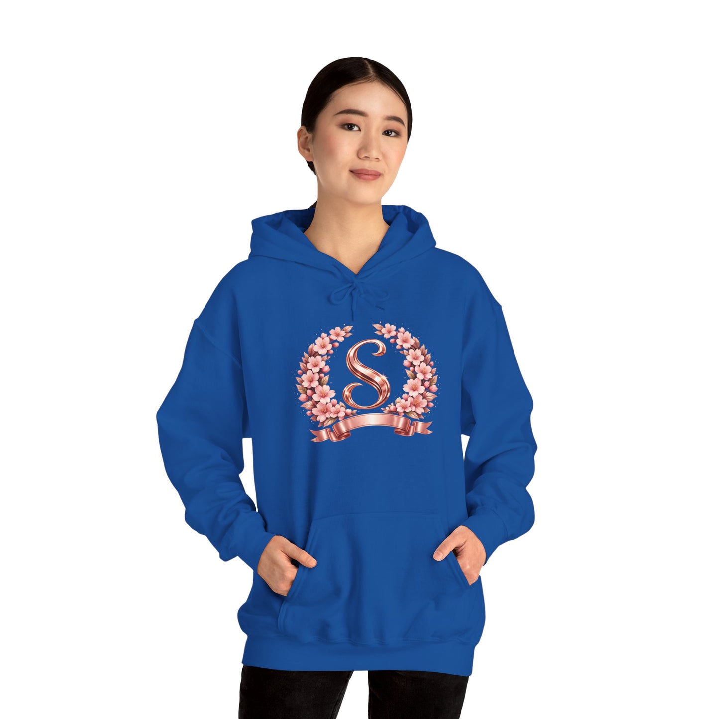 Rose Gold Initial 'S' Wreath Hoodie - Monogram Floral Sweatshirt