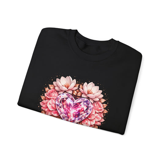 Crewneck Sweatshirt — Pink Gem Heart Floral Design