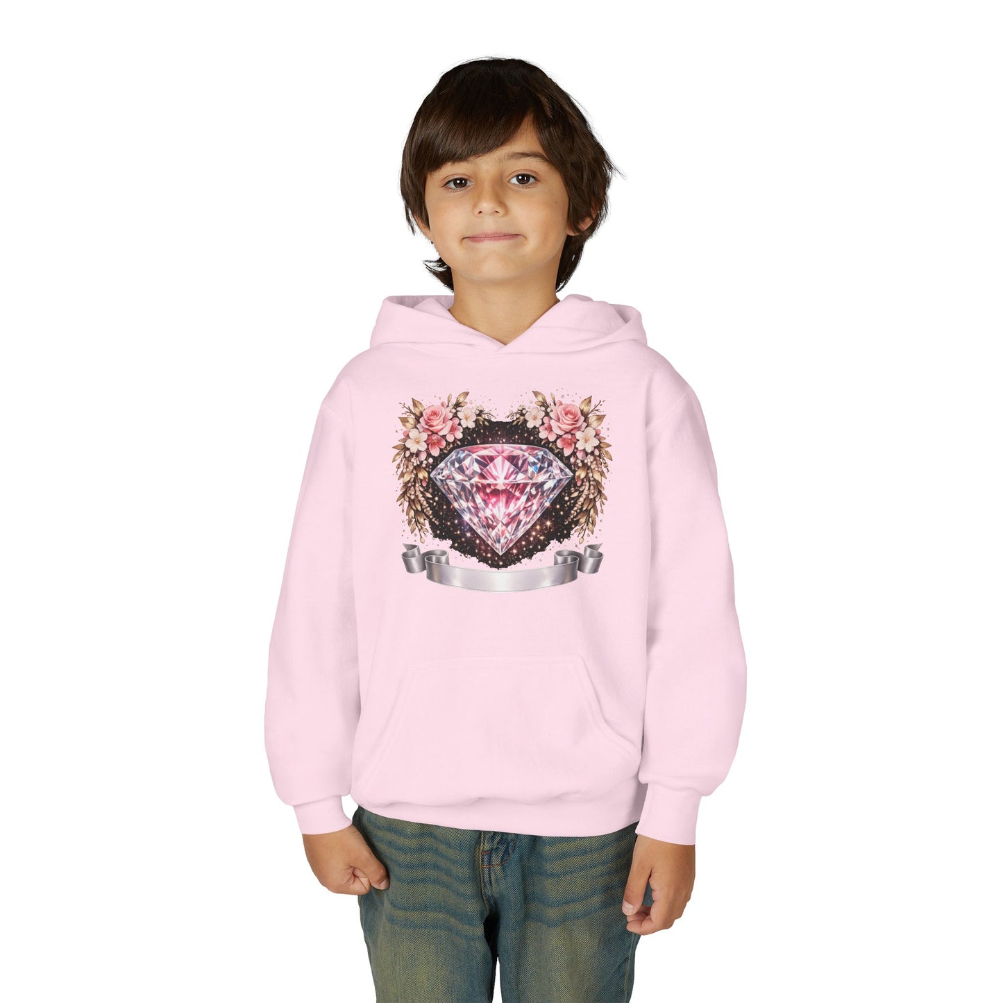 Youth Diamond Floral Hoodie — Pink Gem Crest Sweatshirt for Girls
