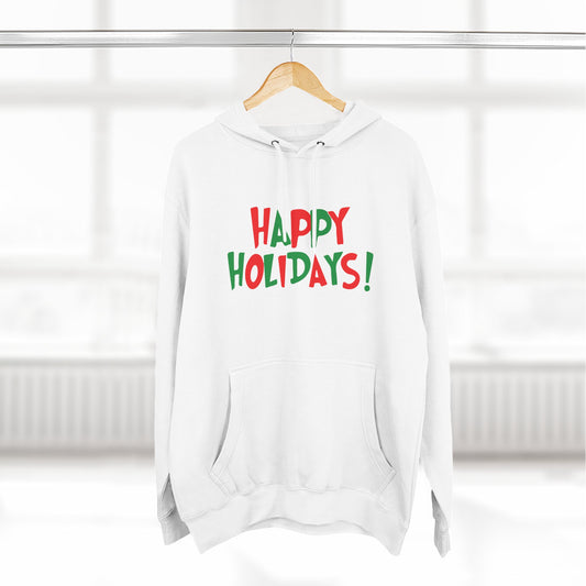 Happy Holidays! Fleece Hoodie — Festive Red & Green Holiday Sweatshirt