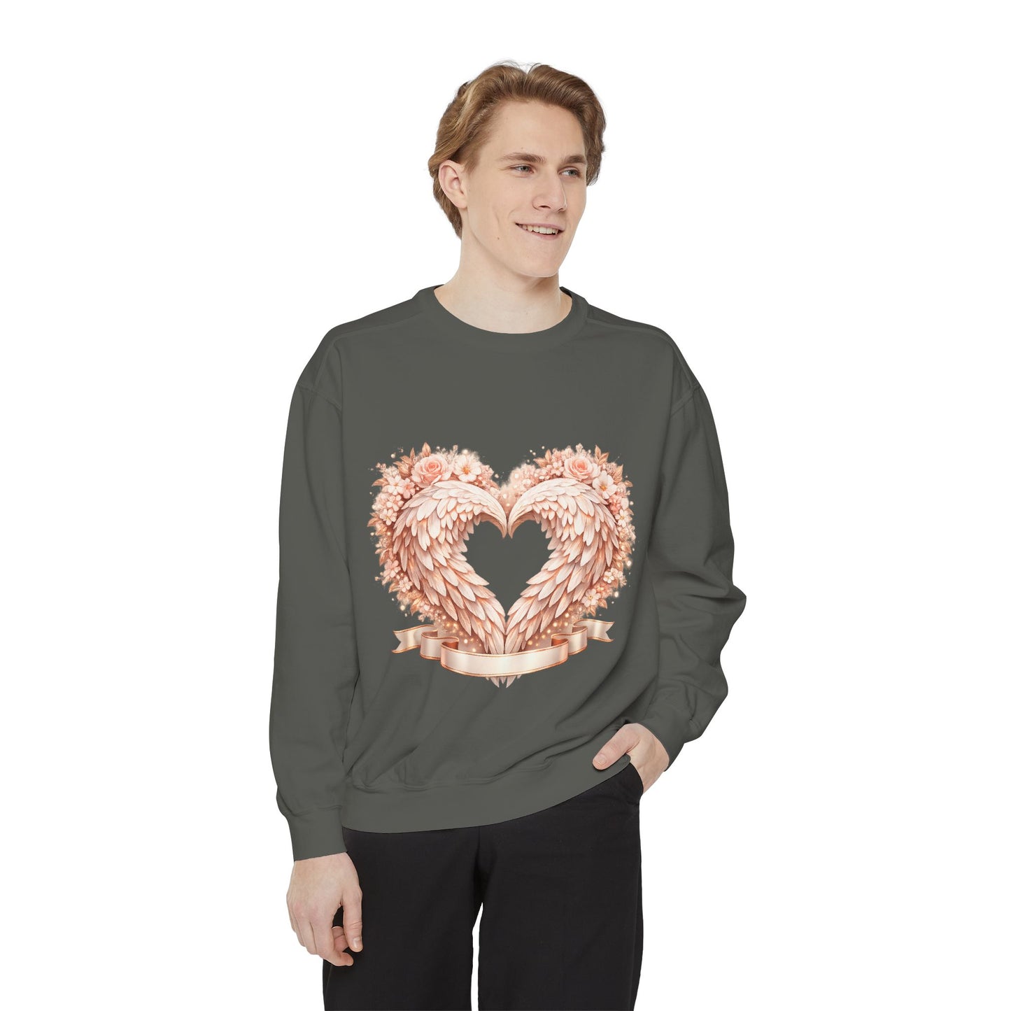 Heart Wings Sweatshirt — Rose Gold Floral Winged Heart Crewneck