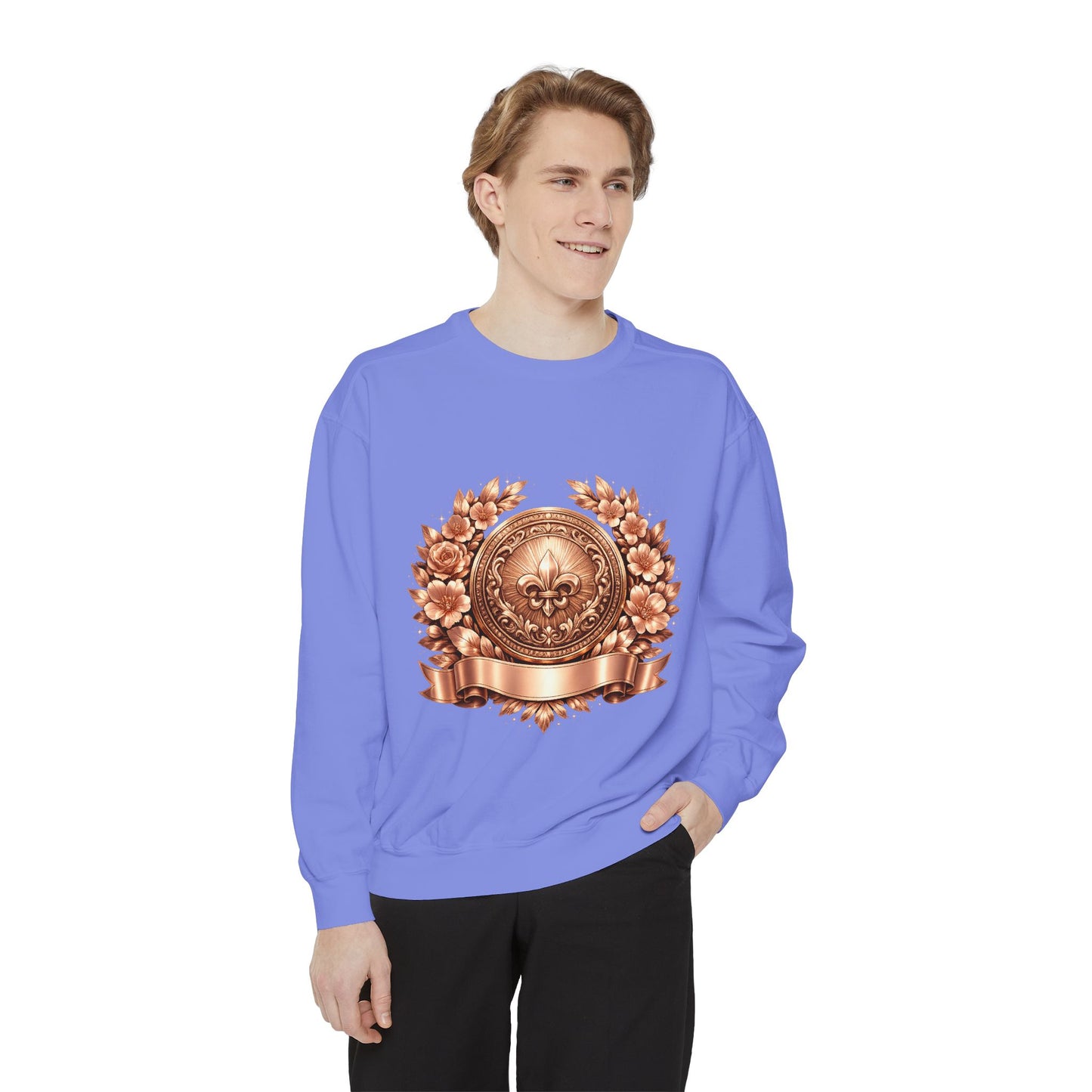 Vintage Bronze Crest Sweatshirt — Fleur-de-Lis Laurel Medallion