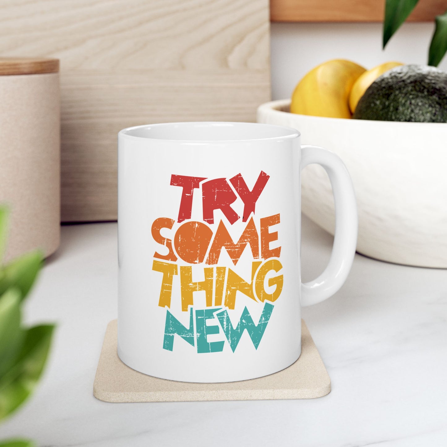 Retro Rainbow Text Mug | Colorful Stacked Phrase Ceramic Mug