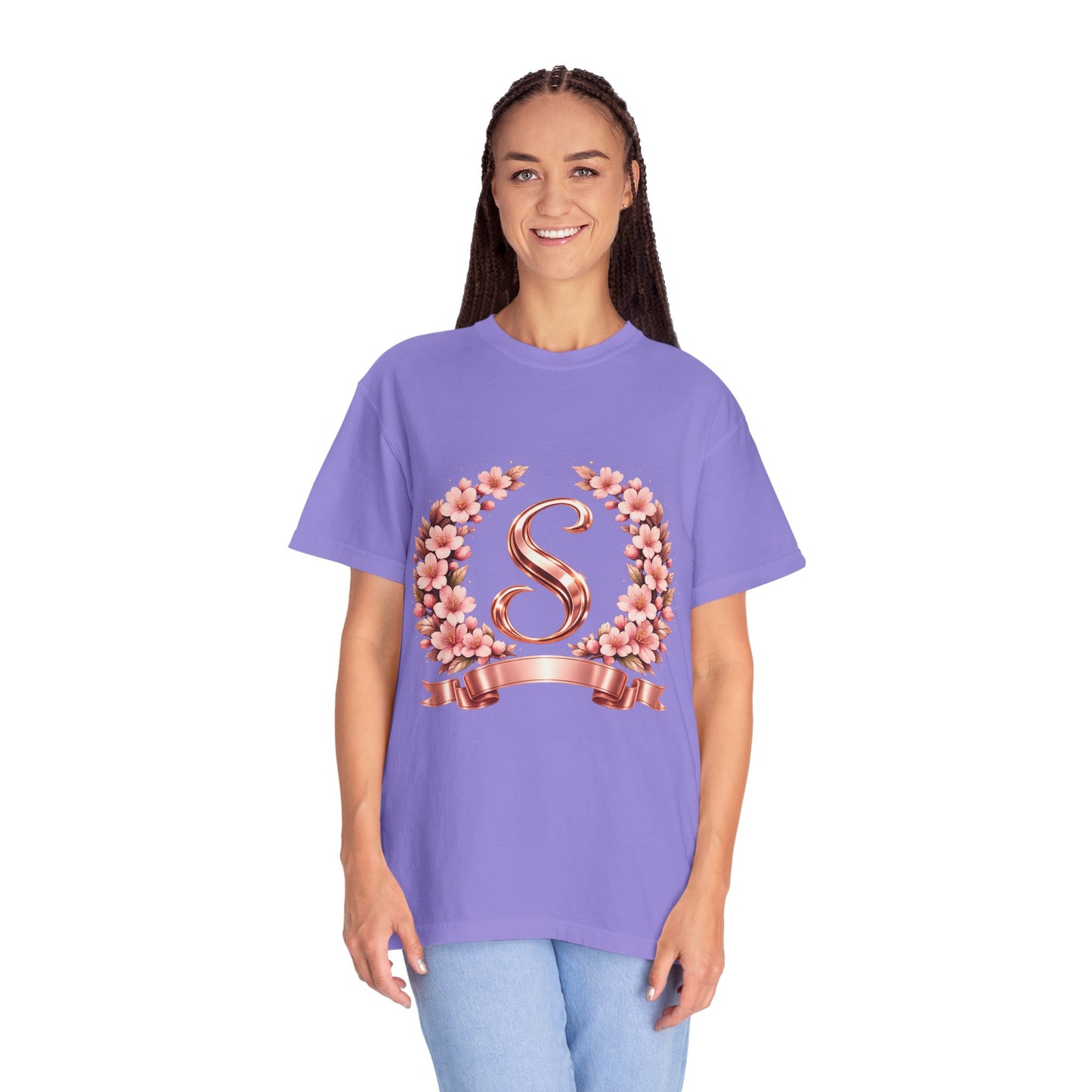 Floral Monogram 'S' T-Shirt — Rose Gold Wreath Tee