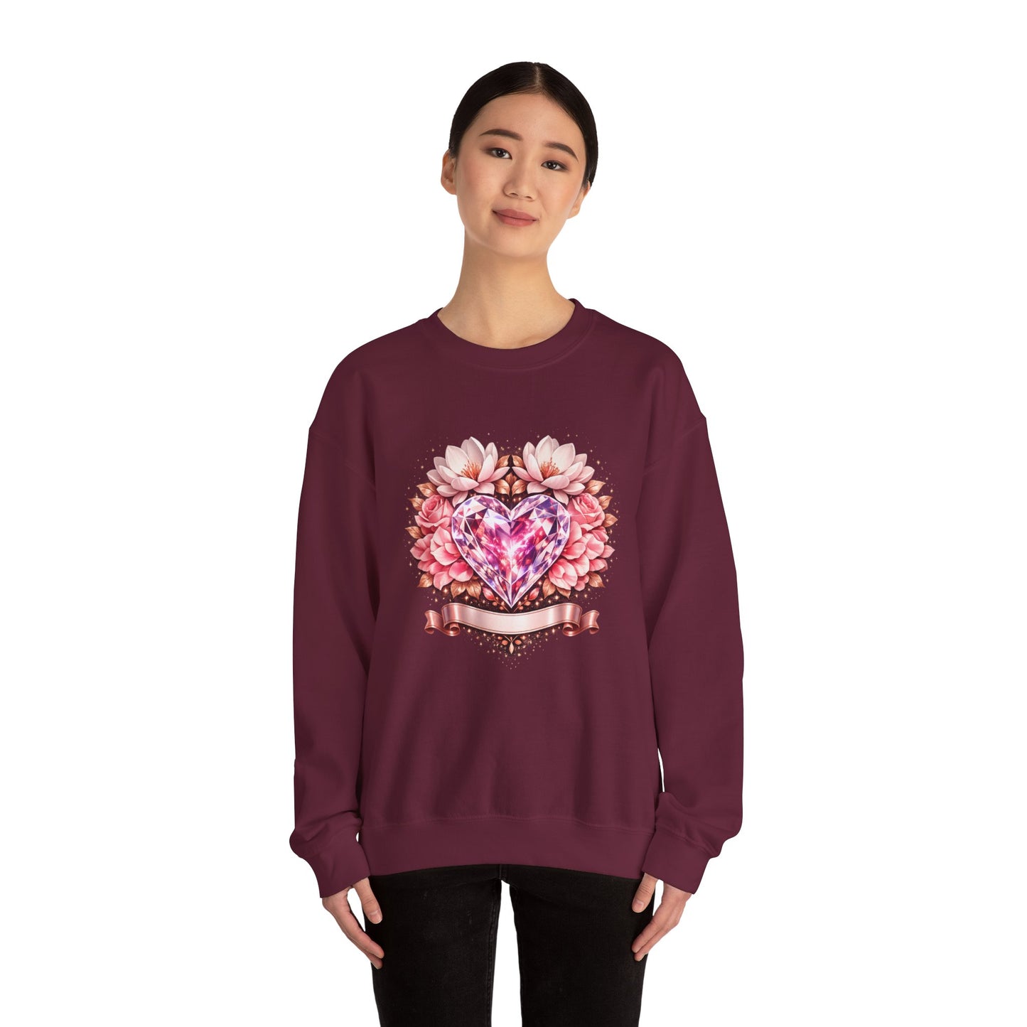 Crewneck Sweatshirt — Pink Gem Heart Floral Design