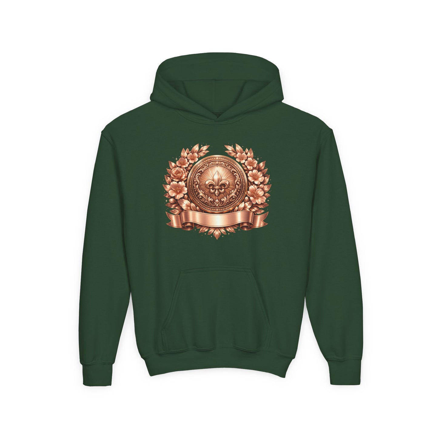 Youth Hoodie — Vintage Bronze Crest Floral Emblem