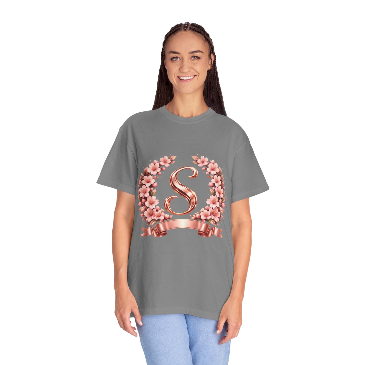 Floral Monogram 'S' T-Shirt — Rose Gold Wreath Tee