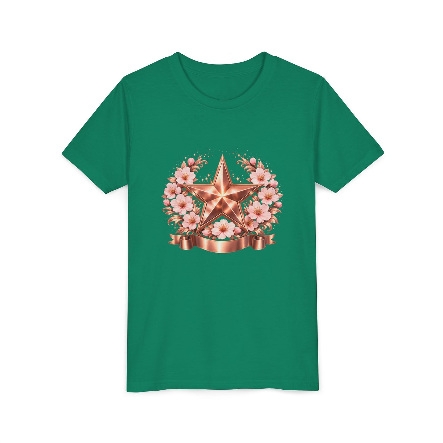 Youth Tee — Rose Gold Star with Cherry Blossom Wreath