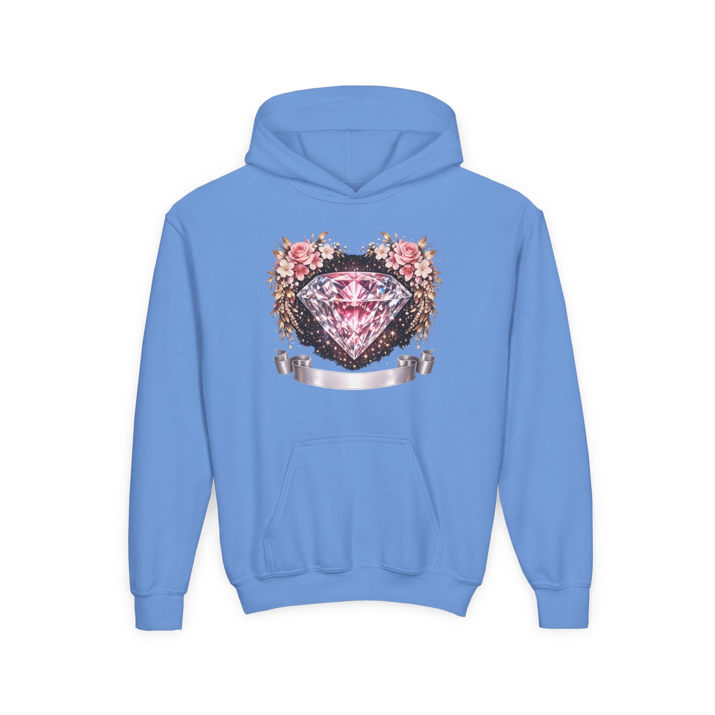 Youth Diamond Floral Hoodie — Pink Gem Crest Sweatshirt for Girls