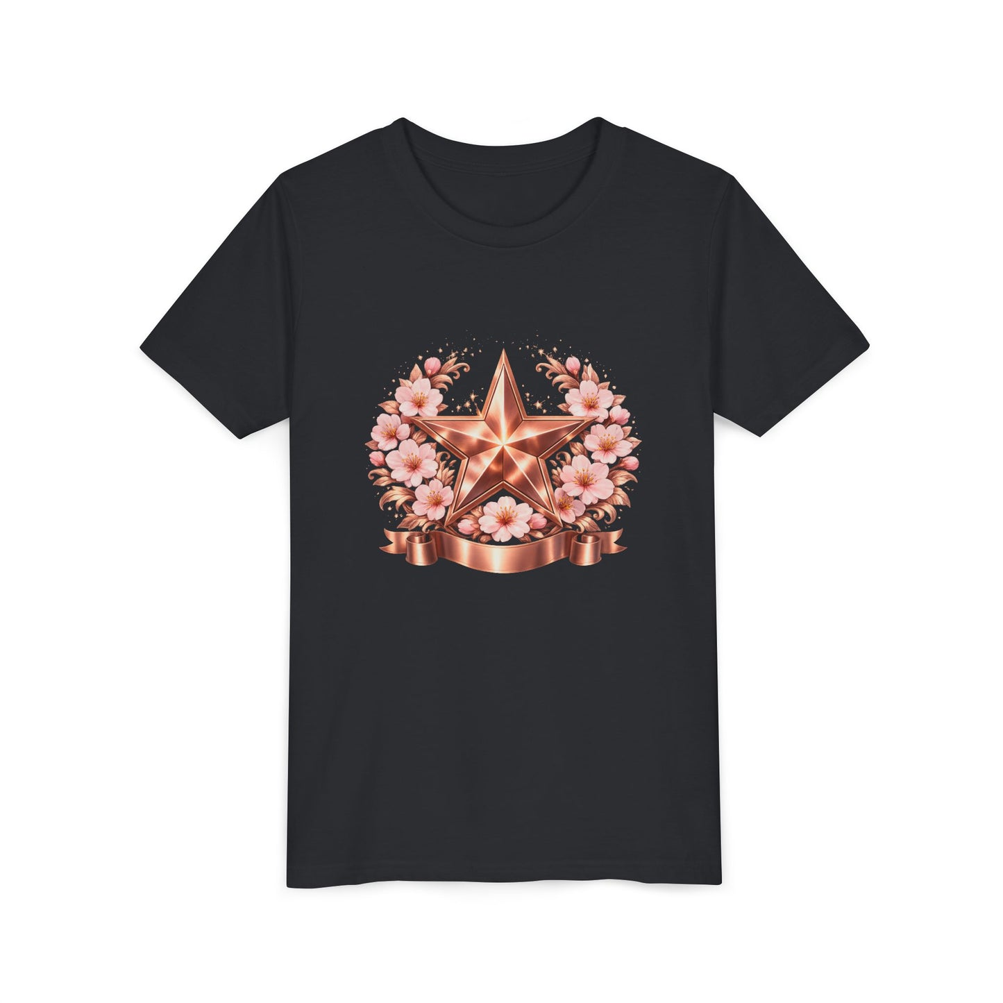 Youth Tee — Rose Gold Star with Cherry Blossom Wreath