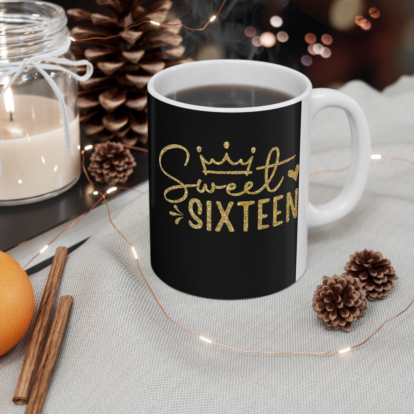 Sweet Sixteen Mug | Black and Gold Birthday Ceramic Mug