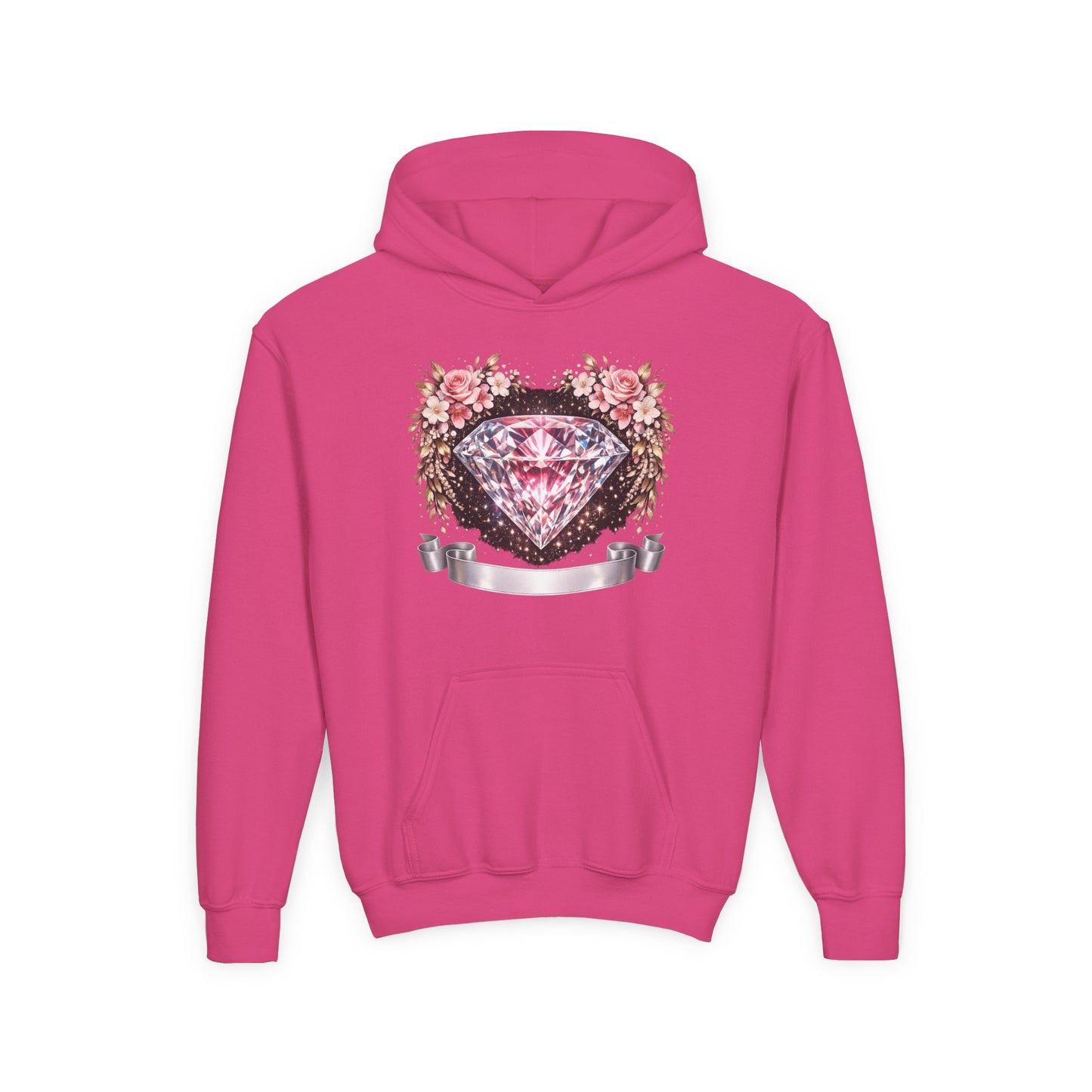 Youth Diamond Floral Hoodie — Pink Gem Crest Sweatshirt for Girls