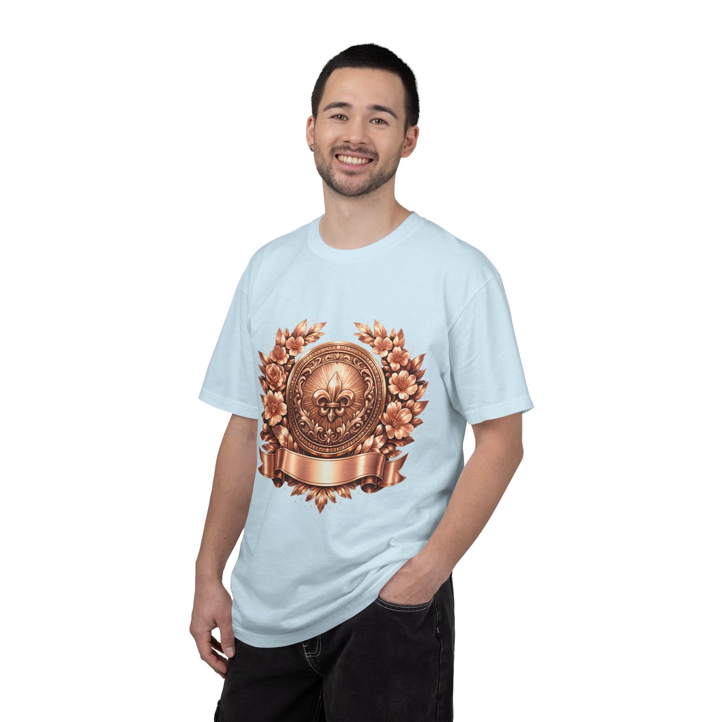 Vintage Fleur-de-Lis Crest T-Shirt — Bronze Laurel Emblem Tee