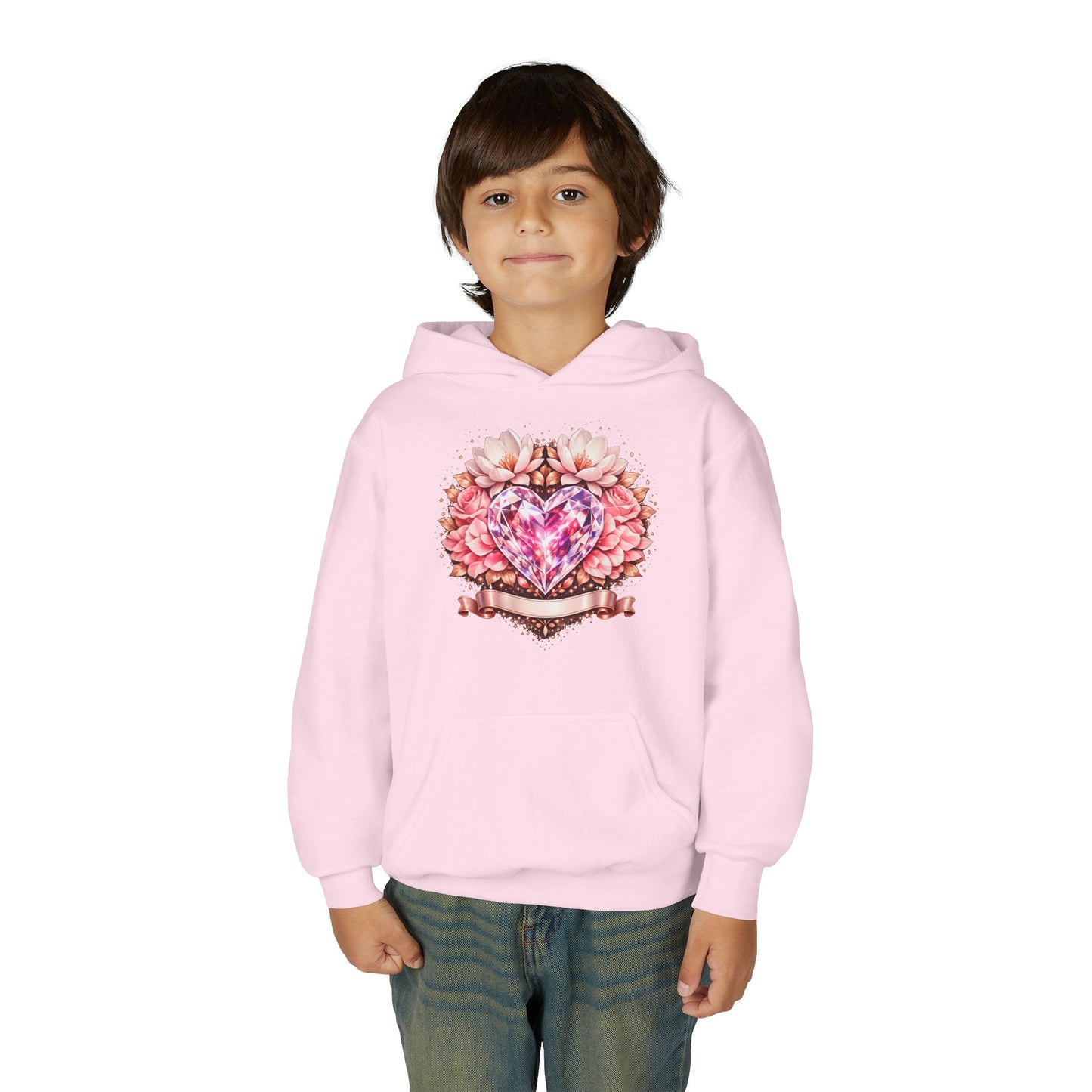 Youth Heart Gem Hoodie — Pink Floral Heart Graphic Sweatshirt