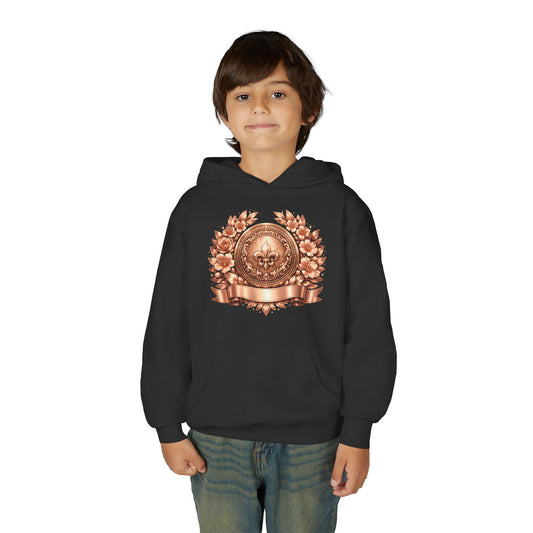 Youth Hoodie — Vintage Bronze Crest Floral Emblem