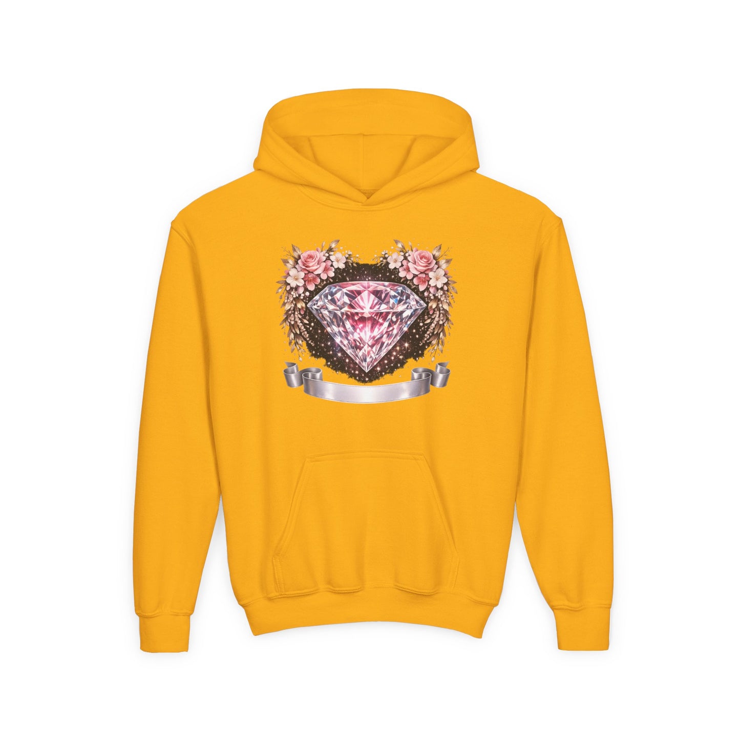 Youth Diamond Floral Hoodie — Pink Gem Crest Sweatshirt for Girls