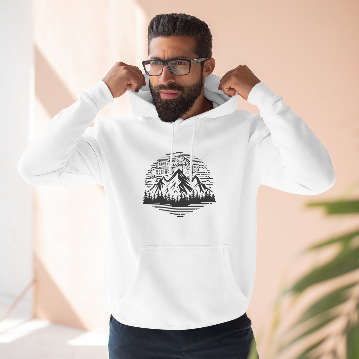Mountain Adventure Hoodie — Vintage Line Art Peaks & Forest Pullover