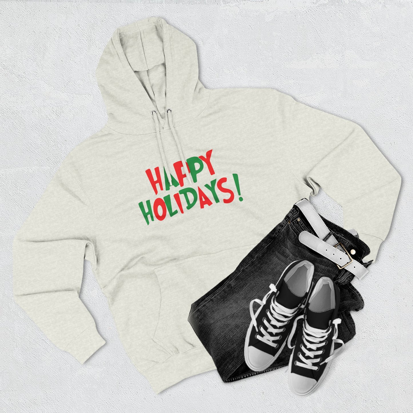 Happy Holidays! Fleece Hoodie — Festive Red & Green Holiday Sweatshirt