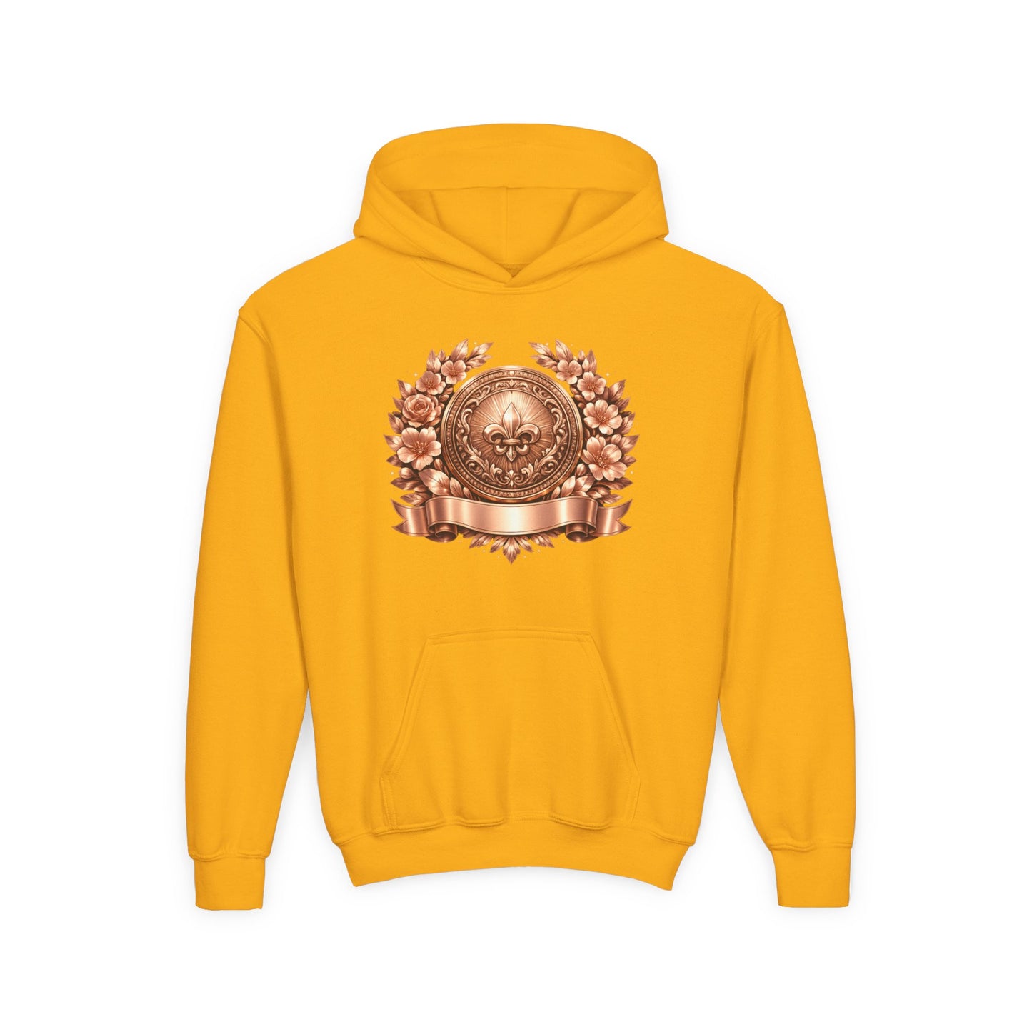 Youth Hoodie — Vintage Bronze Crest Floral Emblem