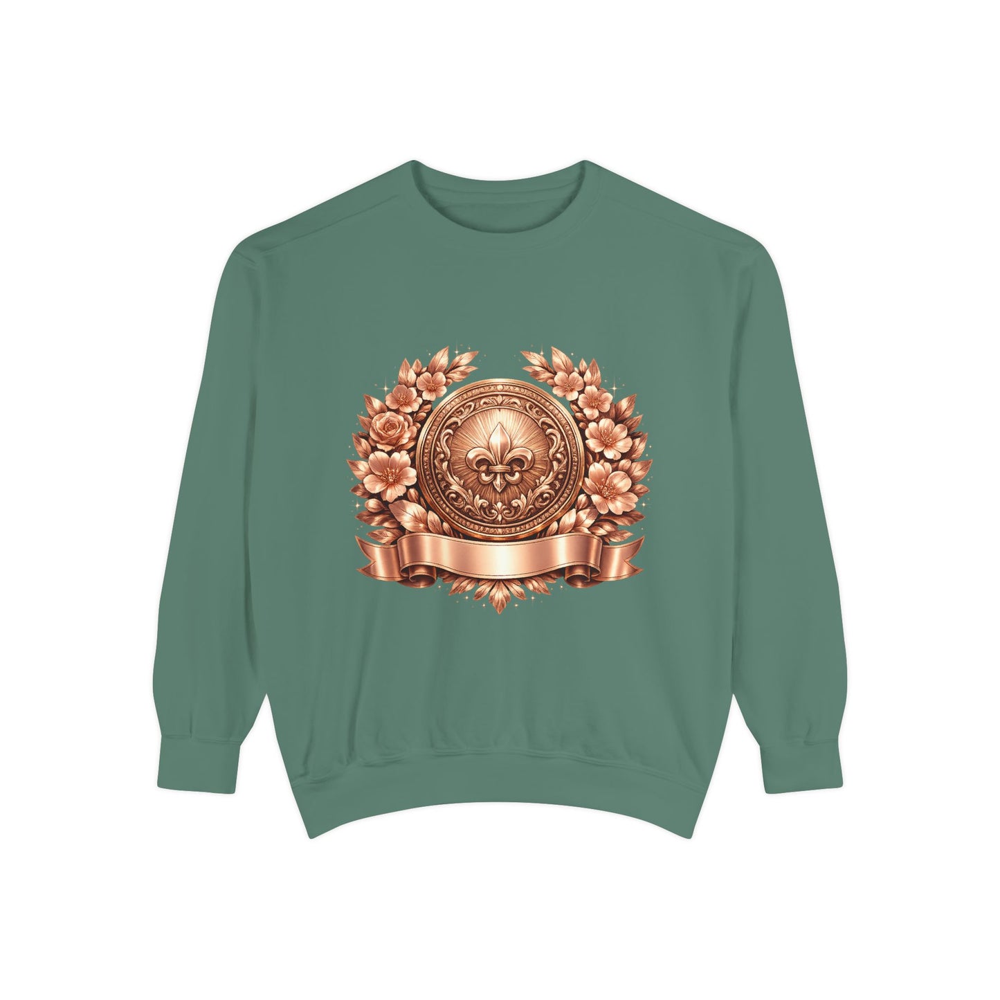 Vintage Bronze Crest Sweatshirt — Fleur-de-Lis Laurel Medallion