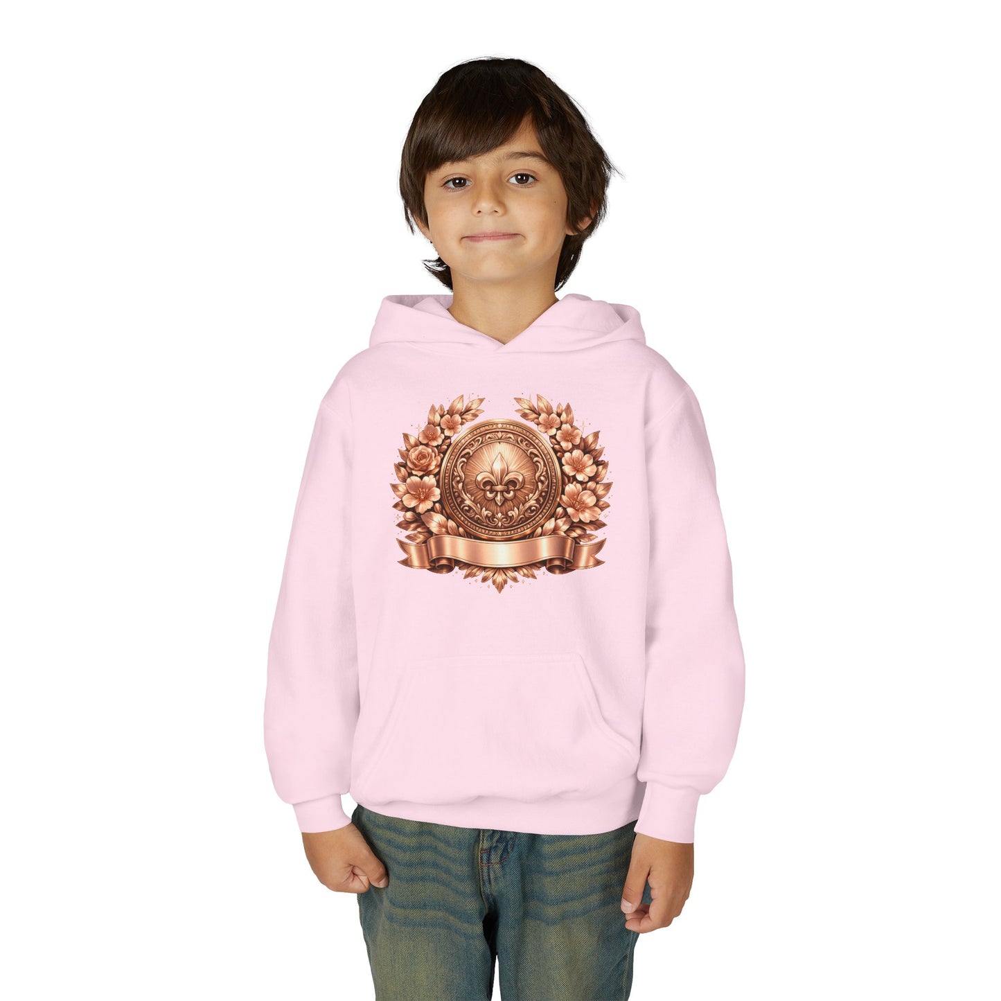 Youth Hoodie — Vintage Bronze Crest Floral Emblem