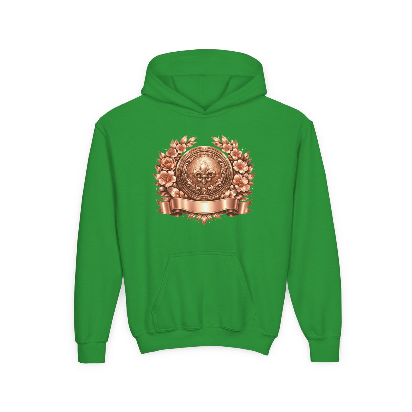 Youth Hoodie — Vintage Bronze Crest Floral Emblem